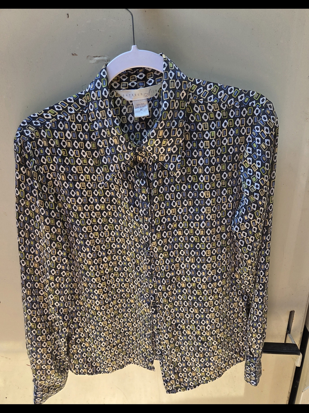 Y2k Express WomensNavy and White Geometric Button-Down Silk Blouse